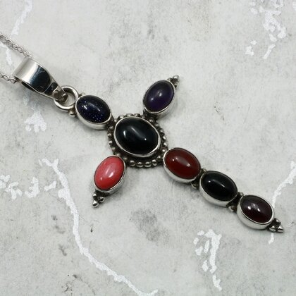 Multi Gemstone 925 Cross Silver Pendant ~47mm