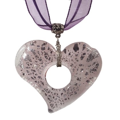Murano Glass Heart Pendant with Cord & Clasp - 18inch (Mauve & Silver)