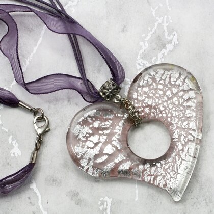 Murano Glass Heart Pendant - 18inch (Mauve & Silver)