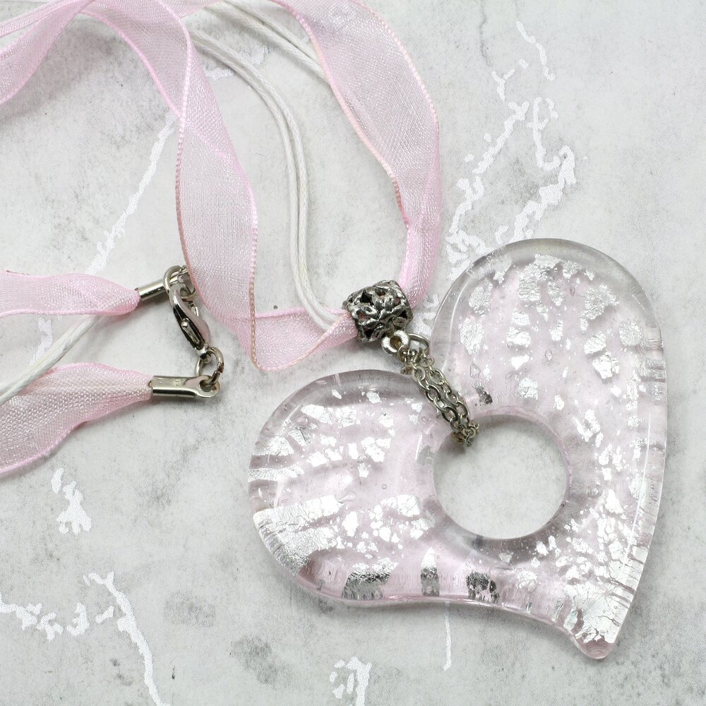 Murano Glass Heart Pendant with Cord & Clasp - 18inch (Pink & Silver)