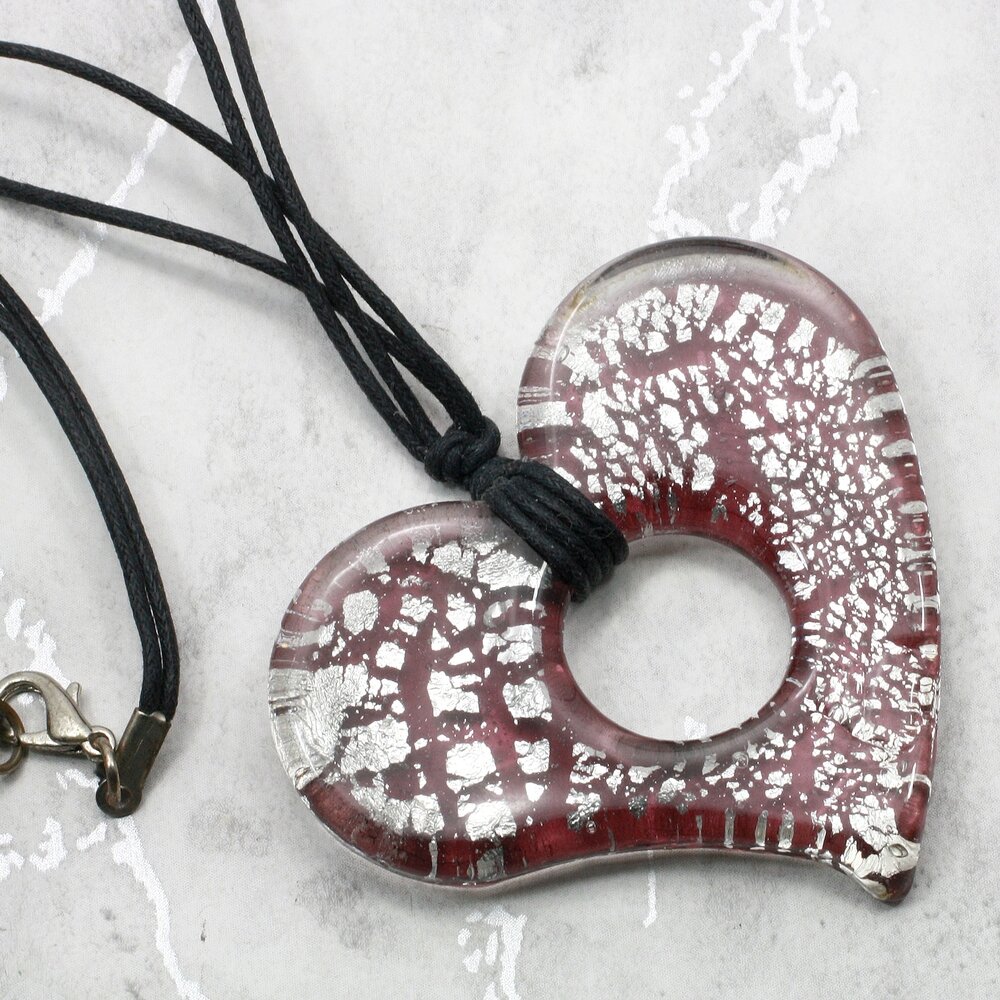 Murano Glass Heart Pendant with Cord & Clasp - 18inch (Plum & Silver)