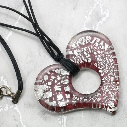 Murano Glass Heart Pendant - 18inch (Plum & Silver)