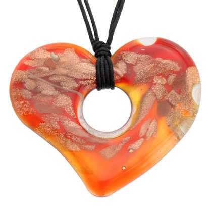 Murano Glass Heart Pendant with Cord & Clasp - 18inch (Red & Copper)