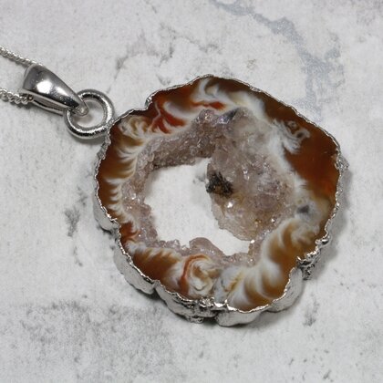 Natural Agate Geode & Quartz 925 Silver Pendant  ~33mm