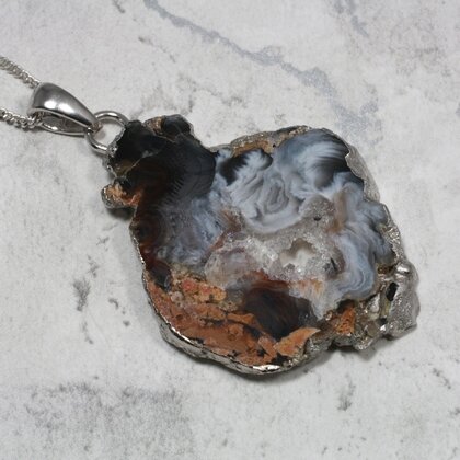 Natural Agate Geode & Quartz 925 Silver Pendant  ~42mm