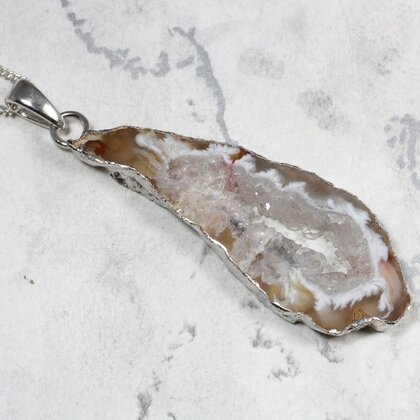 Natural Agate Geode & Quartz 925 Silver Pendant  ~53mm