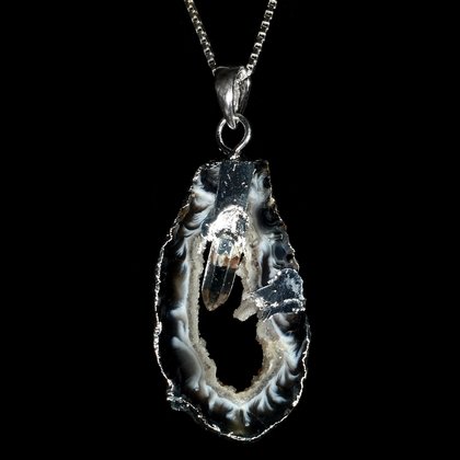 Natural Agate Geode & Quartz Pendant ~42mm