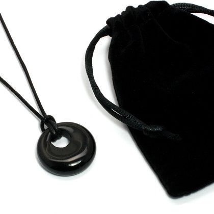 Obsidian Agogo Donut Necklace & Velvet Pouch