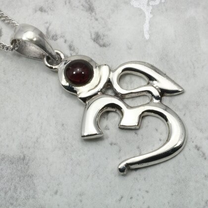 Om Silver Pendant with Garnet Stone - 27mm