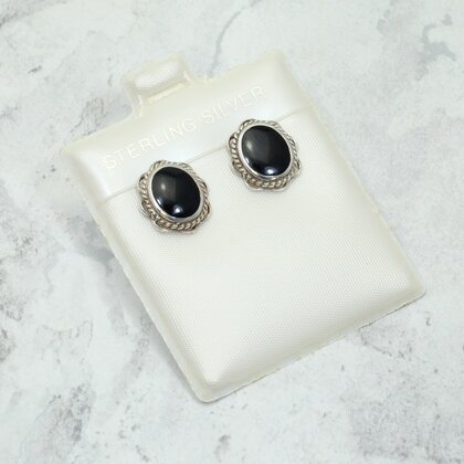 Onyx 925 Silver Oval Stud Earrings ~12mm