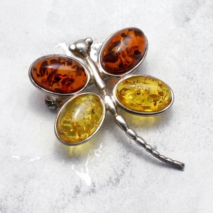 Orange and Yellow Amber Four Stone Dragonfly Brooch