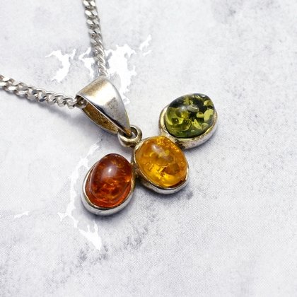 Orange, Yellow and Green Triple Stone Amber Pendant set in .925 Silver