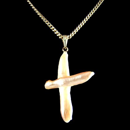 Pearl & Silver Pendant - Freeform Cross 35mm