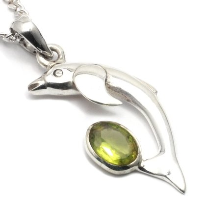 Peridot & Silver Dolphin Pendant, - 32mm