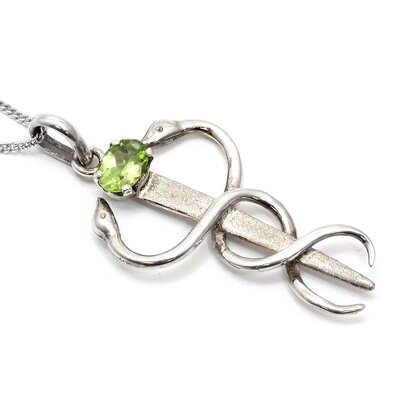 Peridot Caduceus 925 Antique Silver Pendant ~37mm