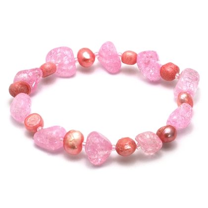 Pink Crackle Quartz & Freshwater Pearl  Bracelet