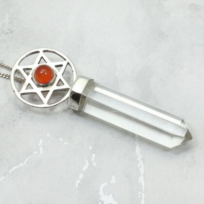 Quartz Point & Carnelian 925 Silver Star Pendant  ~60mm