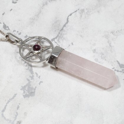 Rose Quartz Point & Garnet 925 Silver Star Pendant  ~57mm