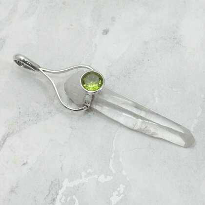 Quartz Point & Peridot 925 Silver Pendant ~58mm