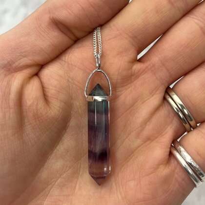 Rainbow Fluorite & Silver Double Terminated Point Pendant  ~35mm