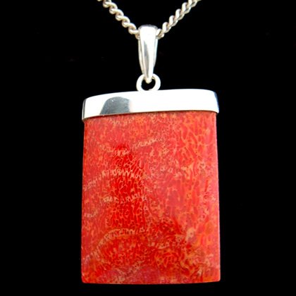 Red Coral & Silver Pendant - Rectangle 30mm