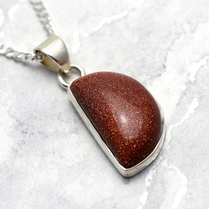 Red Goldstone & Silver Pendant - Half Moon 25mm