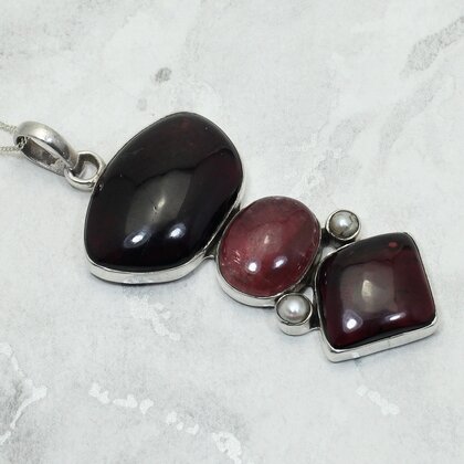 Rubellite & Pearl 925 Silver Pendant ~50mm