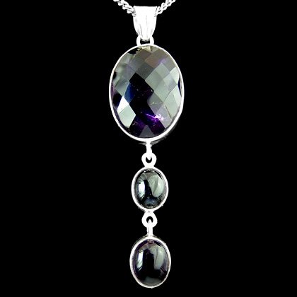 Silver & Amethyst Pendant - Faceted Oval Drop 60mm