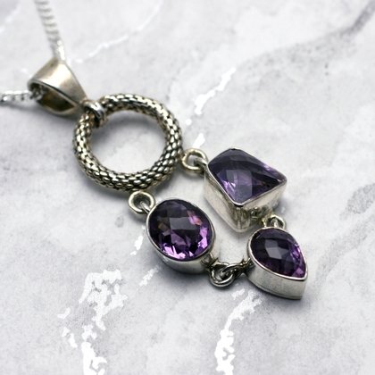 Silver & Amethyst Pendant - Faceted Stone Loop 50mm