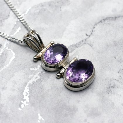 Silver & Amethyst Pendant - Twin Faceted Oval Drop 32mm
