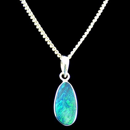 Silver & Blue Opal Pendant - Thin Oval 19mm