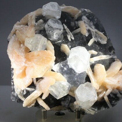 Stilbite with Apophyllite on Quartz base ~115mm