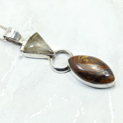 Tiger Iron & Rutilated Quartz 925 Silver Pendant ~65mm