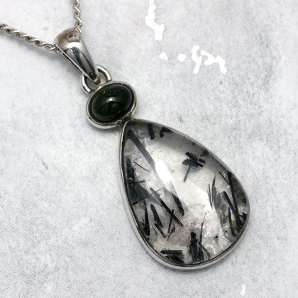 Tourmalinated Quartz with Emerald & Silver Pendant ~36mm