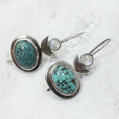 Turquoise & Moonstone 925 Silver Drop Earrings ~39mm