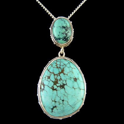 Turquoise & Silver Pendant - Freeform Twin Oval (25mm)