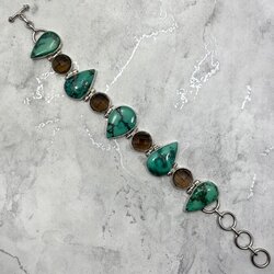 Turquoise & Smoky Quartz 925 Sterling Silver Ornate Bracelet
