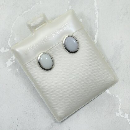 White Opal 925 Silver Oval Stud Earrings ~mm