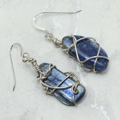 Wire Blue Kyanite 925 Silver Drop Earrings ~37mm