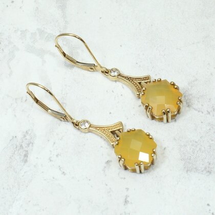 Yellow Jade Art Deco 9ct Gold Drop Earrings ~25mm